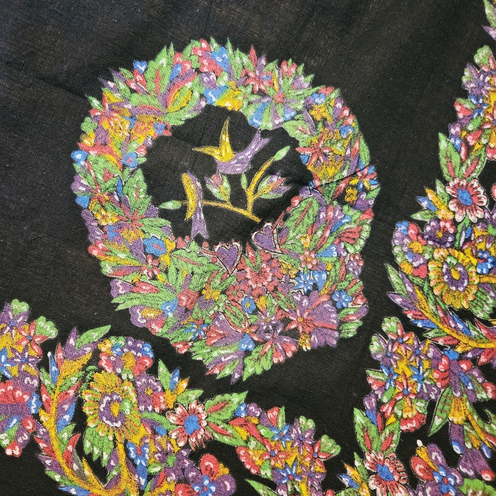 Vintage 70s Black Cotton Square Scarf/Shawl With Vibrant Printed Border Design - Picture 9 of 10